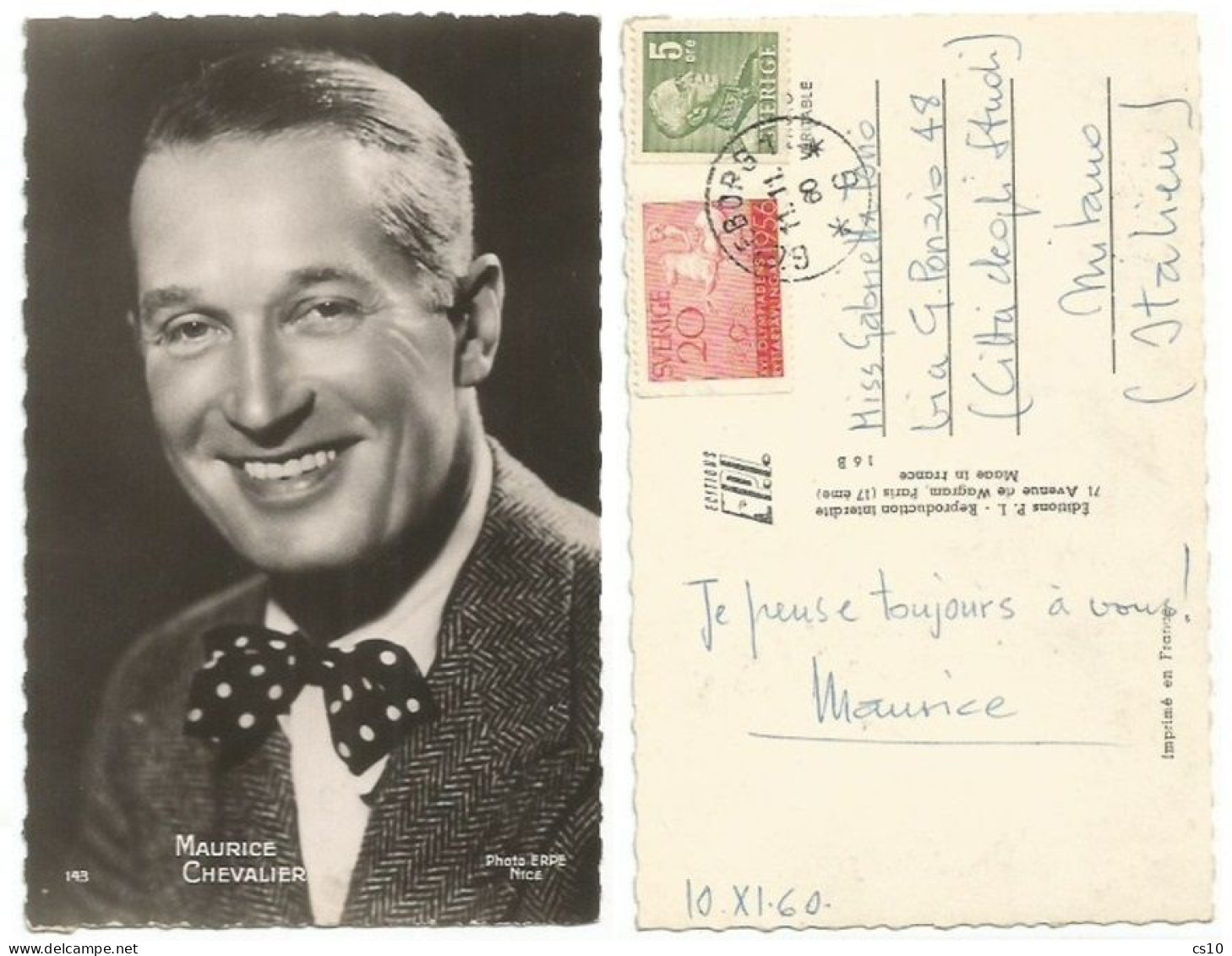 Maurice Chevalier Original Photo PPC Handsigned & Sent By The Artist From Goteborg 11nov1960 To Italy + Magazine News!!! - Cantanti E Musicisti