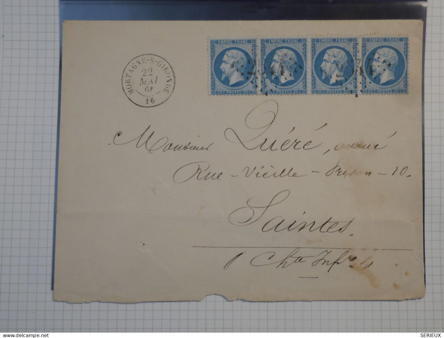 DK2   LETTRE RARE 1866 PETIT BUREAU MORTAGNE A SAINTES   BANDE 4X N°22 BLEU CIEL  +DISPERSION DE COLLECTION+ - 1849-1876: Période Classique