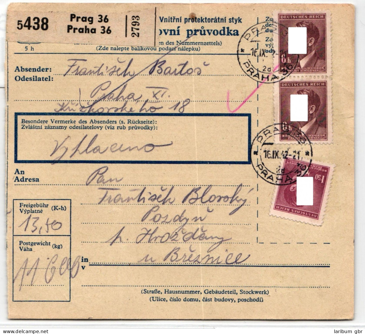 Böhmen Und Mähren 105 U.a. Auf Brief Als Mischfrankatur Paketkarte #KN360 - Andere & Zonder Classificatie