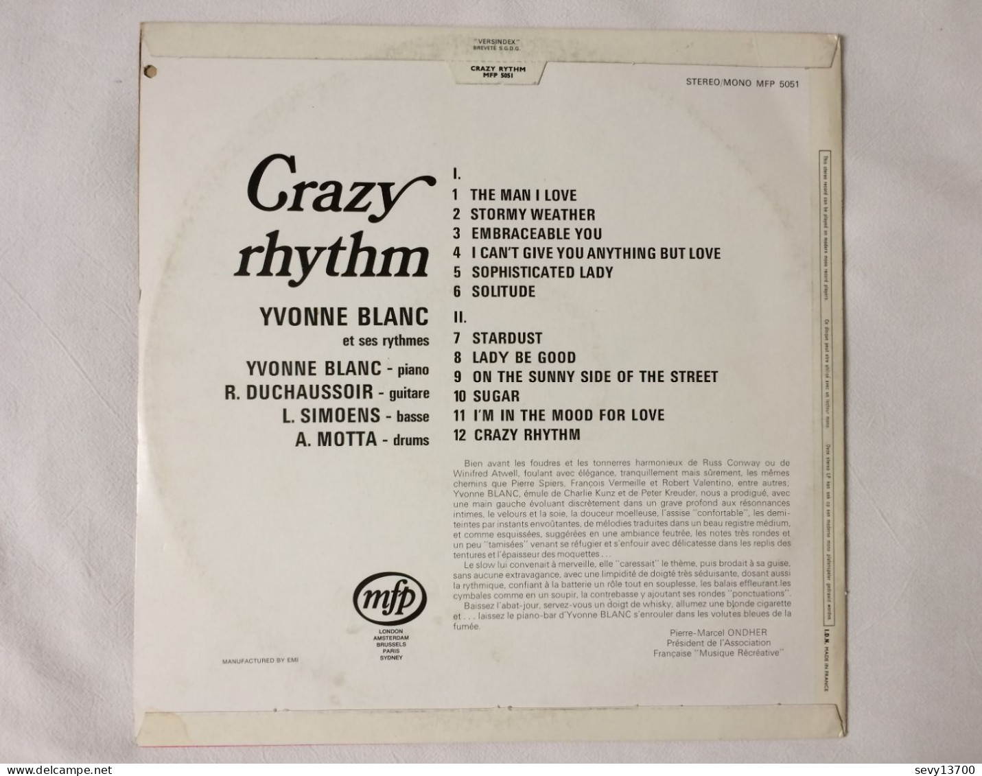 Disque 33 Tours Yvonne Blanc Crazy Rhythm - MFP 5051 - Jazz