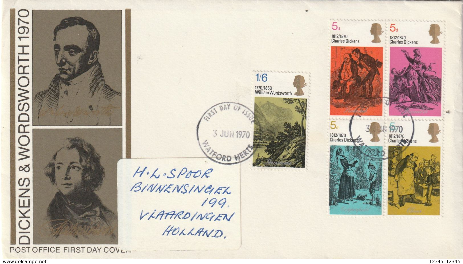 Engeland 1970, FDC Sent To Vlaardingen, Netherland (Dickens & Wordsworth) - 1952-1971 Dezimalausgaben (Vorläufer)