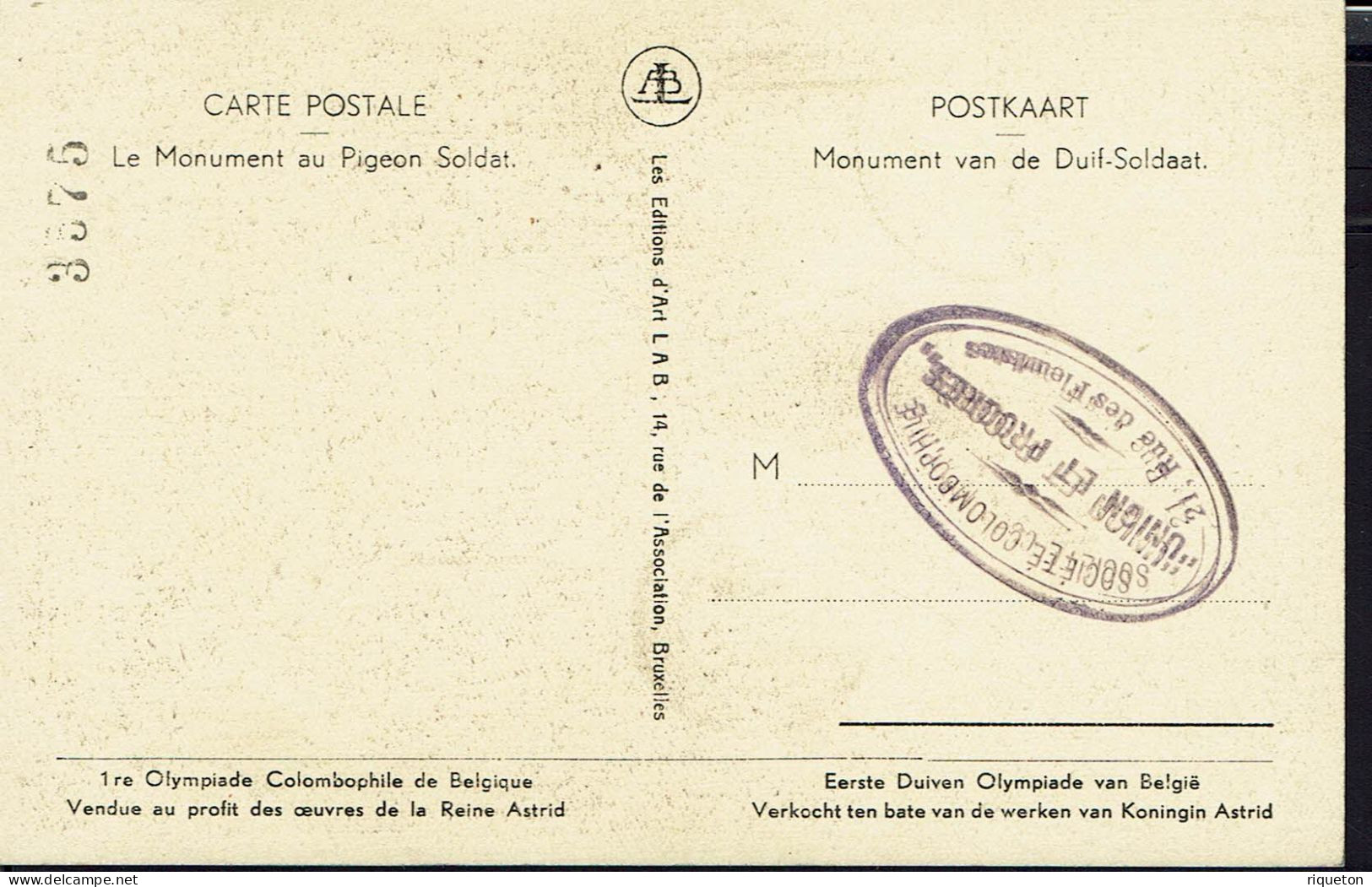 Belgique. N° 458 Sur Carte Maximum "Le Monument Au Pigeon Soldat" Bruxelles 9-1-1938. TB. - 1934-1951