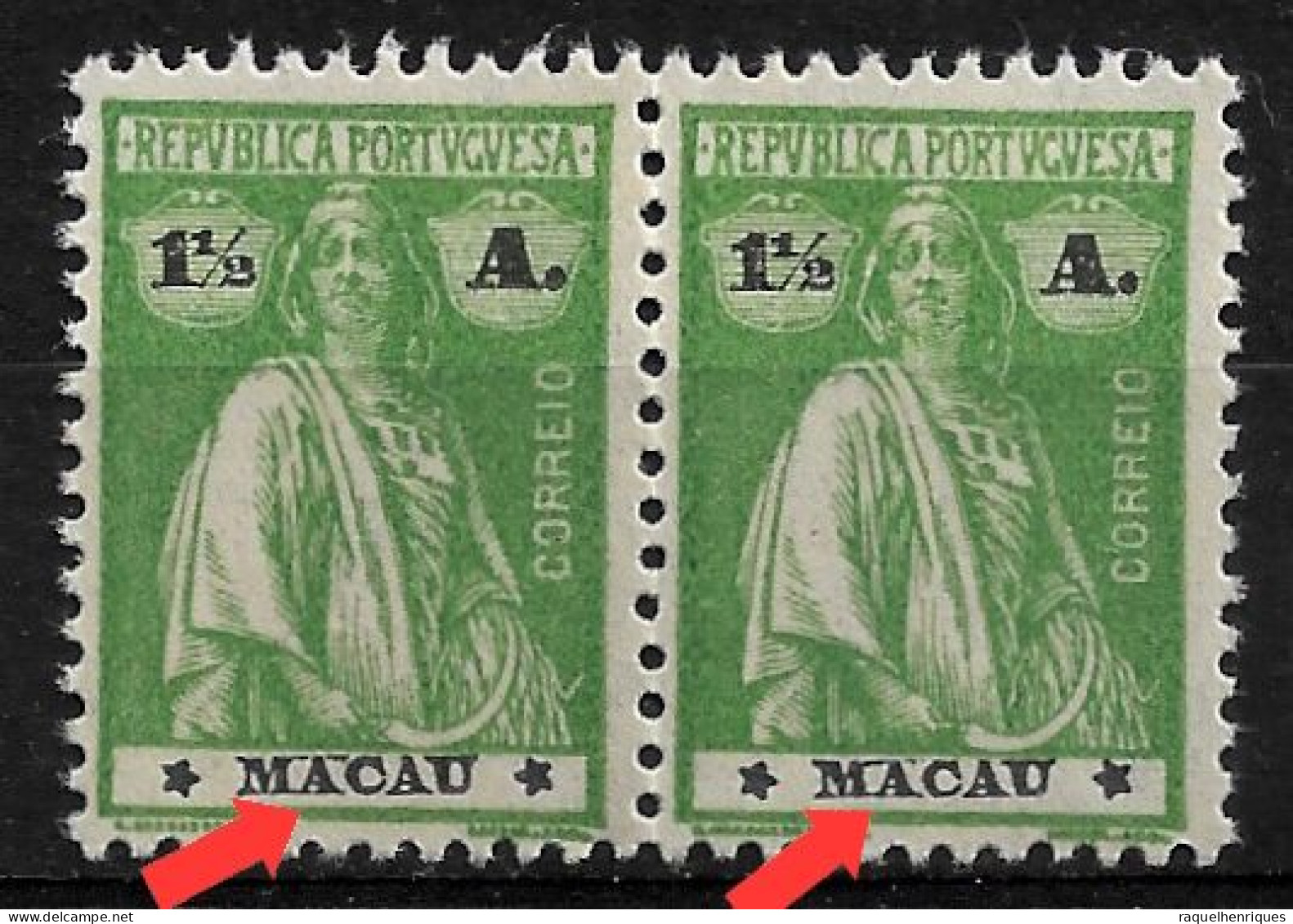 MACAU 1924 CERES 1-1/2A PAIR PRINT ERROR MNH  (NP#72-P30-L9) - Unused Stamps