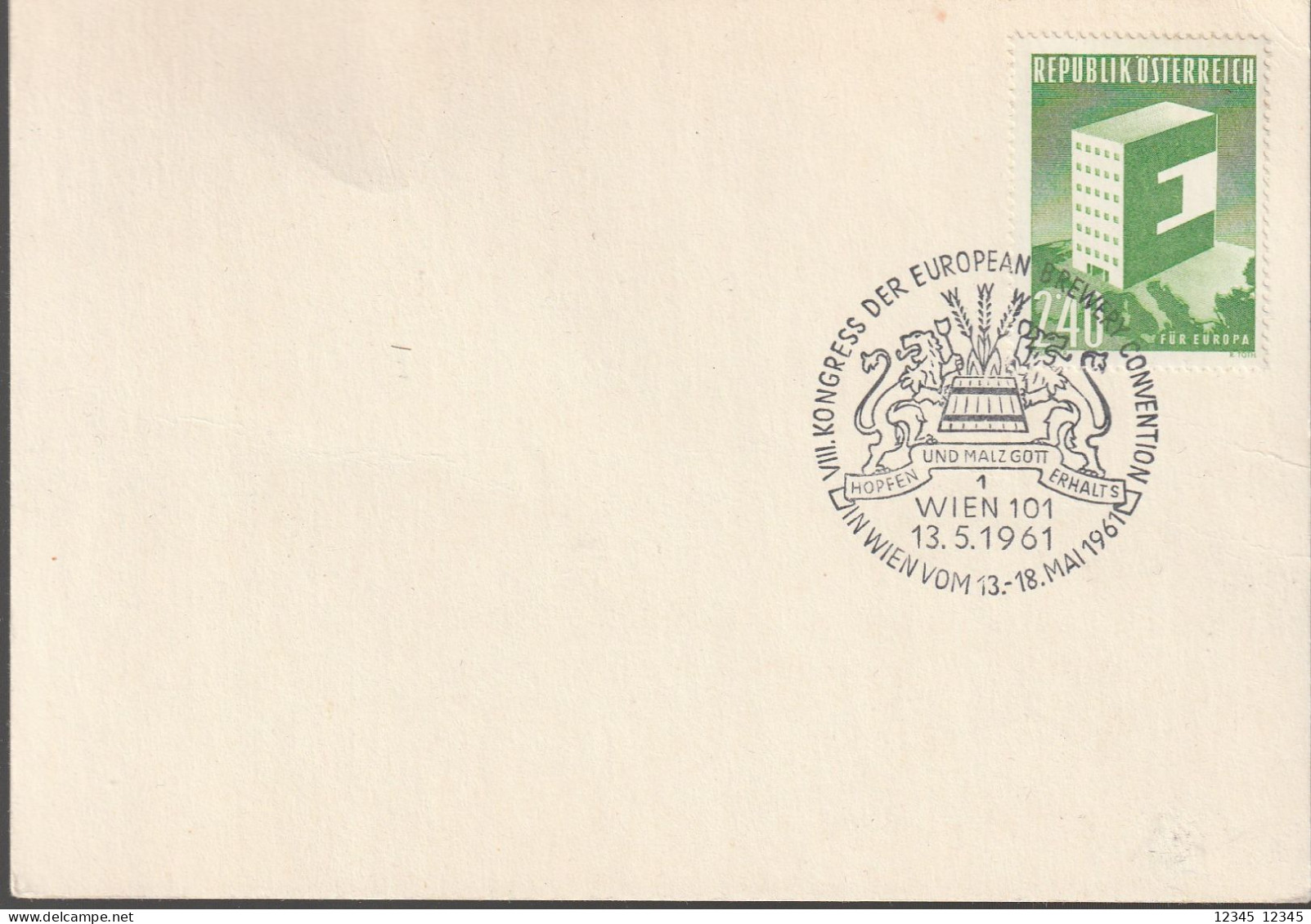 Oostenrijk 1961, Spec. Stempel Kongress Der European Brewery Convention - Cartas & Documentos