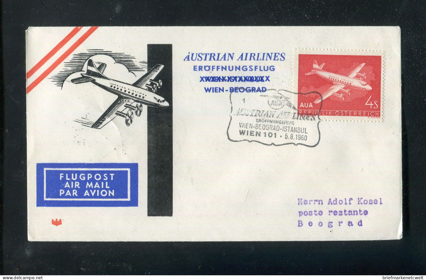 "OESTERREICH" 1960, AUA-Erstflugbrief "Wien-Beograd" (B0001) - Erst- U. Sonderflugbriefe