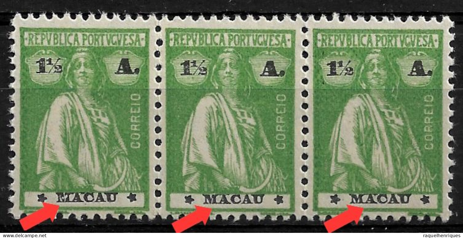 MACAU 1924 CERES 1-1/2A - TRIO - PRINT ERROR MNH  (NP#72-P31-L1) - Ongebruikt