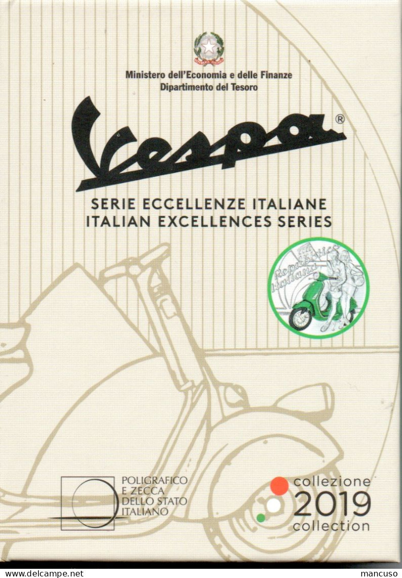 MOLTO RARA - ECCELLENZE ITALIANE 2019 - VESPA VERDE 5 EURO ARGENTO - FOLDER ORIGINALE ZECCA - Italy