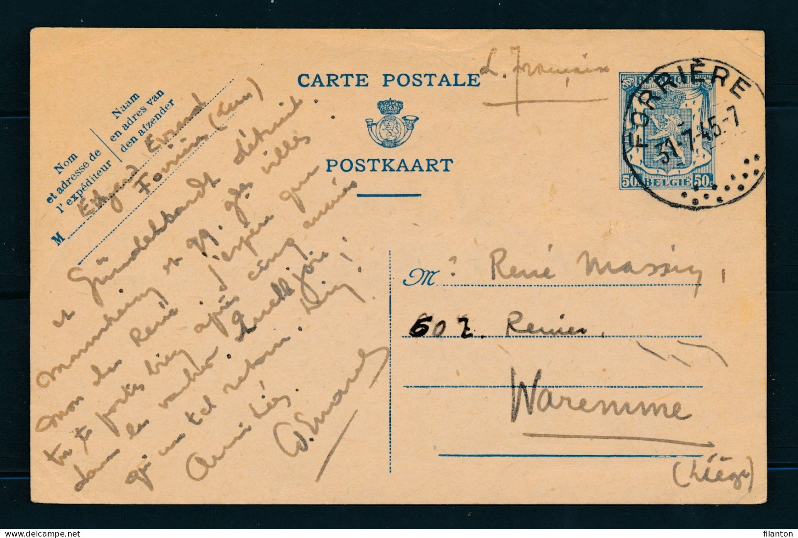 PWS - Cachet "FORRIÈRE" Dd. 31-07-1945 - (ref.1733) - Postcards 1934-1951