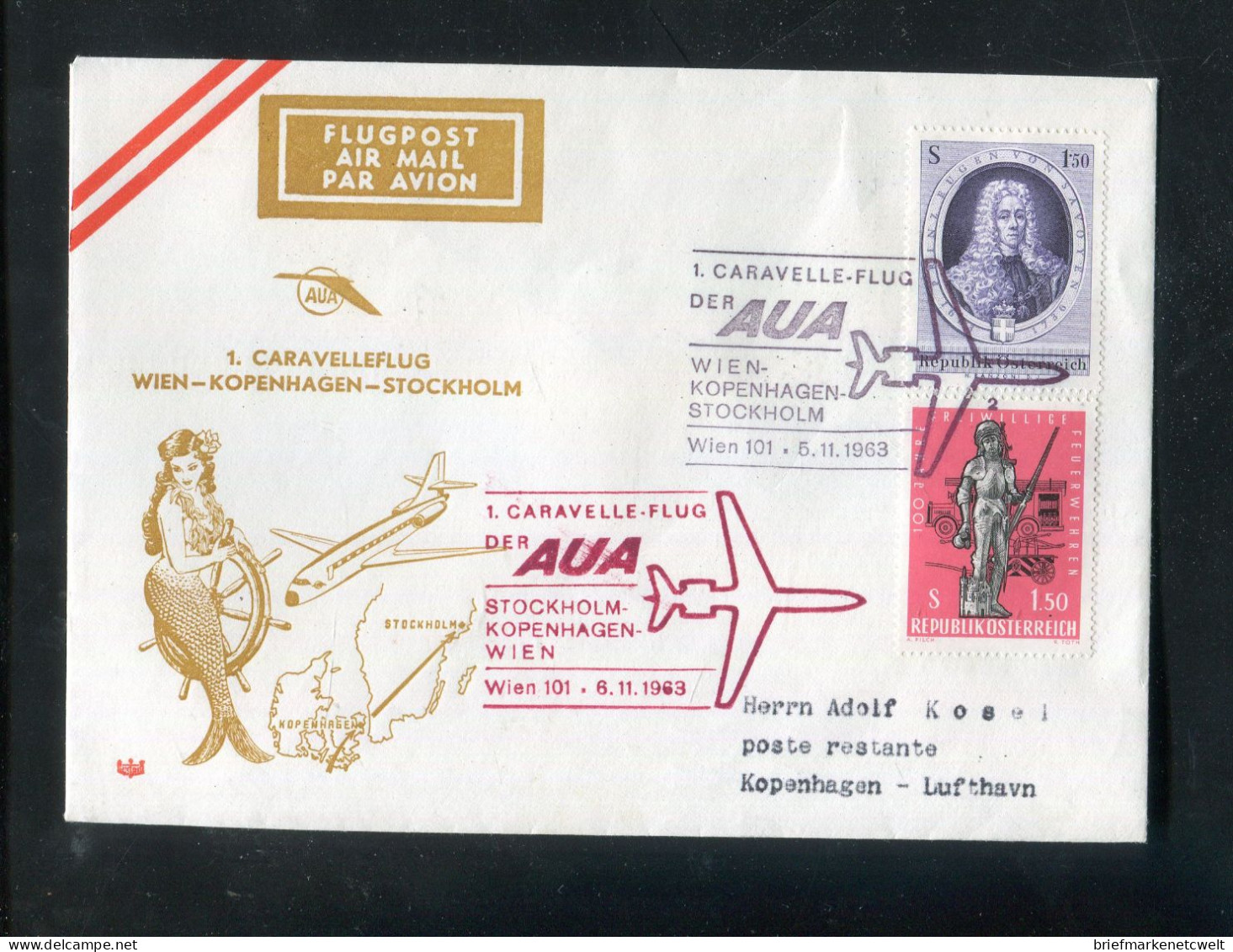 "OESTERREICH" 1963, AUA-Caravelle-Erstflugbrief "Wien-Kopenhagen" (B0004) - Primi Voli