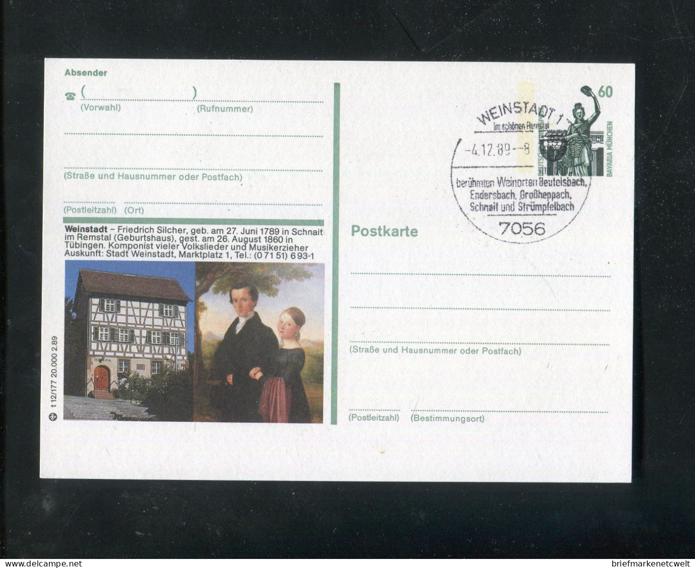 "BUNDESREPUBLIK DEUTSCHLAND" 1989, Bildpostkarte Mit Bildgleichem Stempel Ex "WEINSTADT" (B0005) - Illustrated Postcards - Used