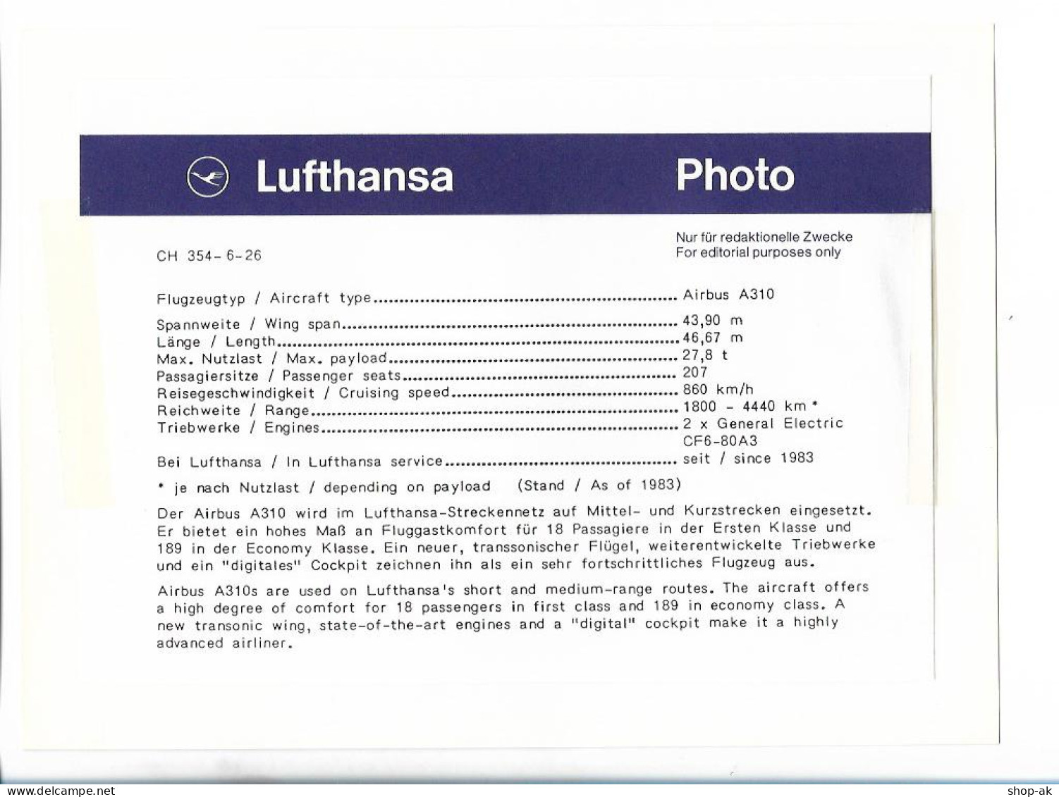 C5432/ Lufthansa Flugzeug Airbus  A310 Foto 24 X 18 Cm 1983 - Andere & Zonder Classificatie