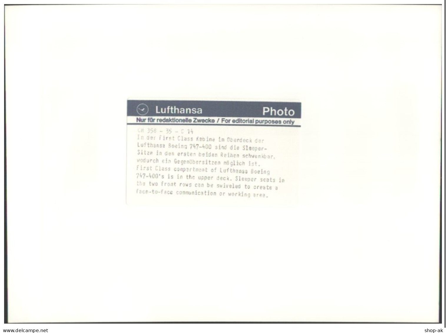 C5672/ Lufthansa Boeing 747-400 First Class  Foto 24 X 17,5 Cm Ca.1988 - Andere & Zonder Classificatie