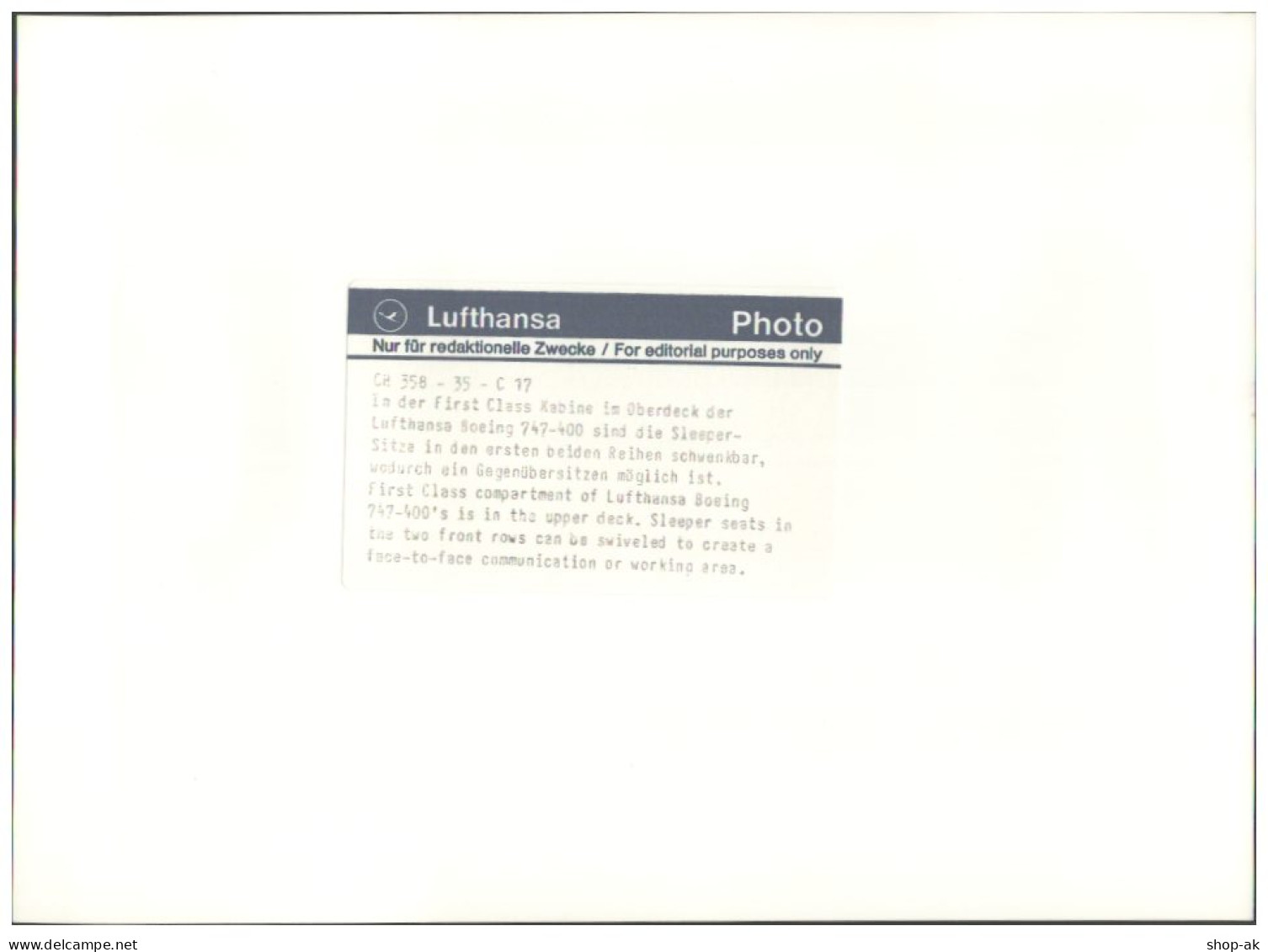 C5671/ Lufthansa Boeing 747-400 First Class  Foto 24 X 17,5 Cm Ca.1988 - Other & Unclassified