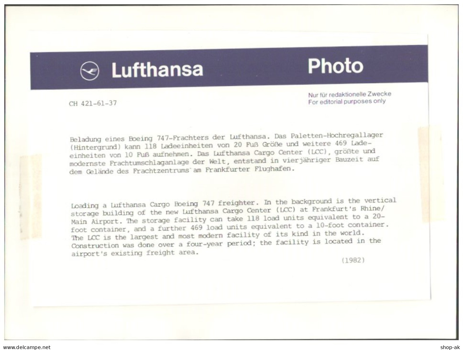 C5682/ Flughafen Frankfurt Lufthansa Cargo  Boeing 747 Flugzeug Foto  1982 - Autres & Non Classés