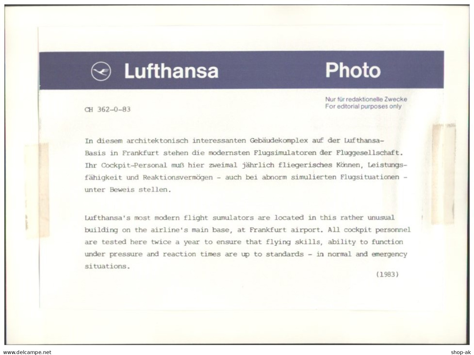 C5678/ Flughafen Frankfurt Lufthansa-Basis  Foto 24 X 17,5 Cm 1983 - Altri & Non Classificati