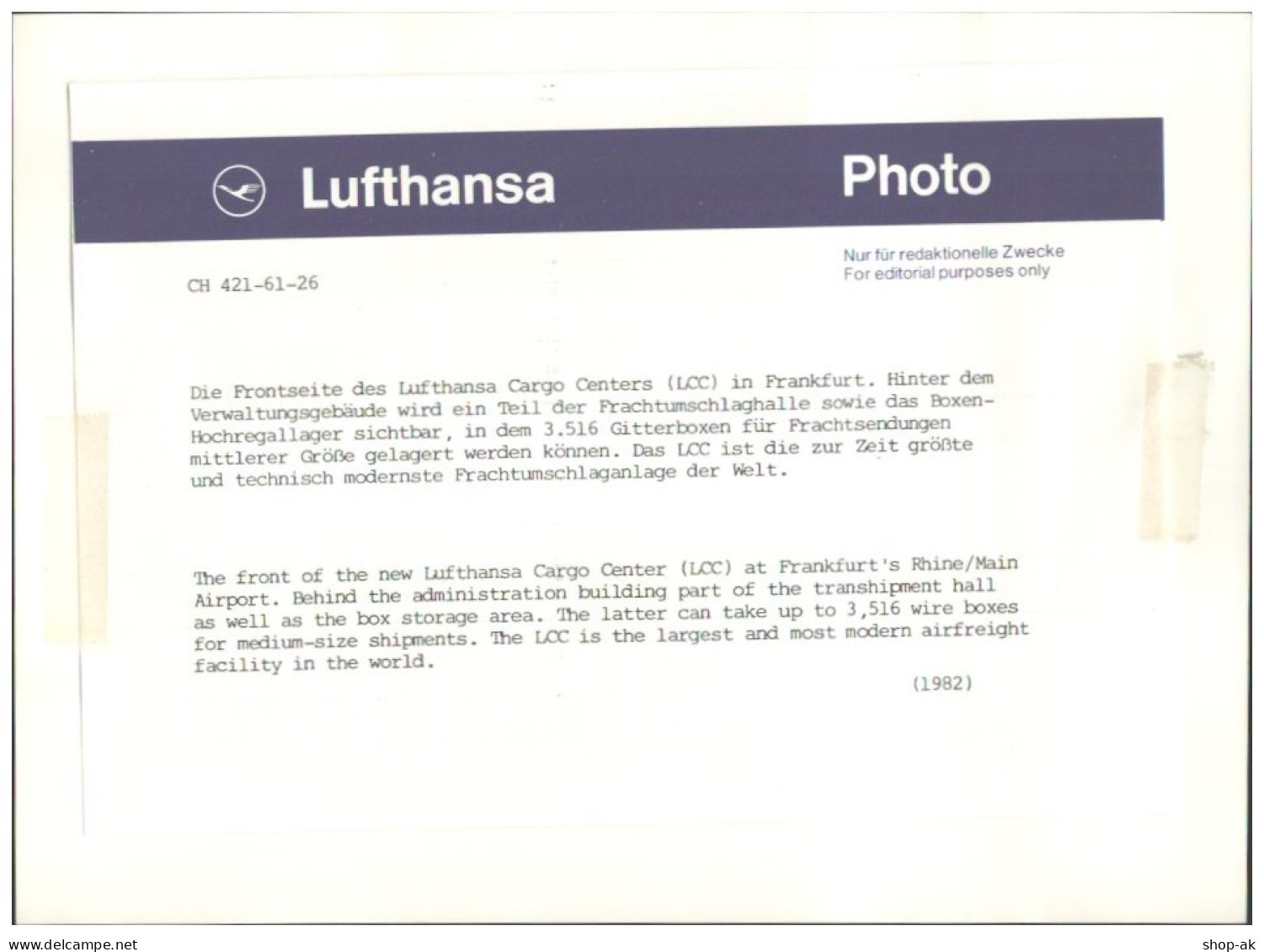 C5683/ Flughafen Frankfurt Lufthansa Cargo-Center  Foto 24 X 17,5 Cm   1982 - Autres & Non Classés