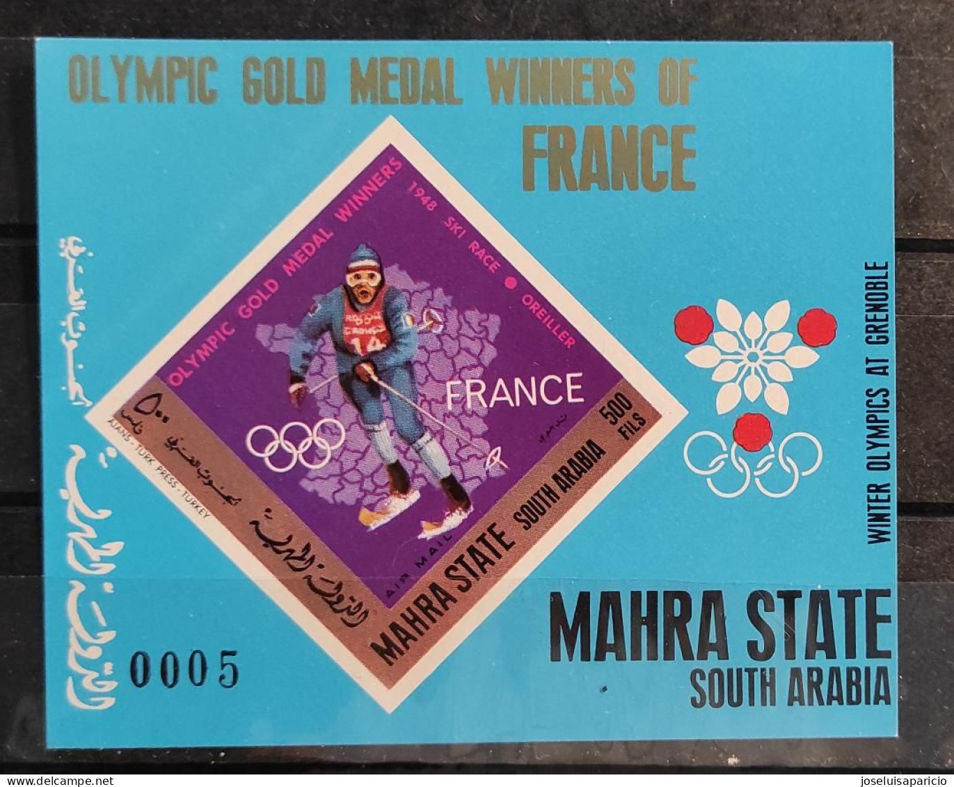 ADEN-MAHRA STATE-MEDALLAS DE ORO  FRANCESAS EN LOS, J. OLIMPICOS DE 1904 AL 1964- MNH**-HOJA BLOQUE IMPEERF. - Sommer 1964: Tokio