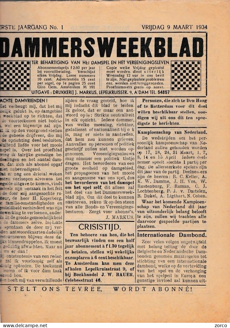 JEU DE DAMES. Revue "DAMMERSWEEKBLAD" Par J. MARKUS. - Anciens