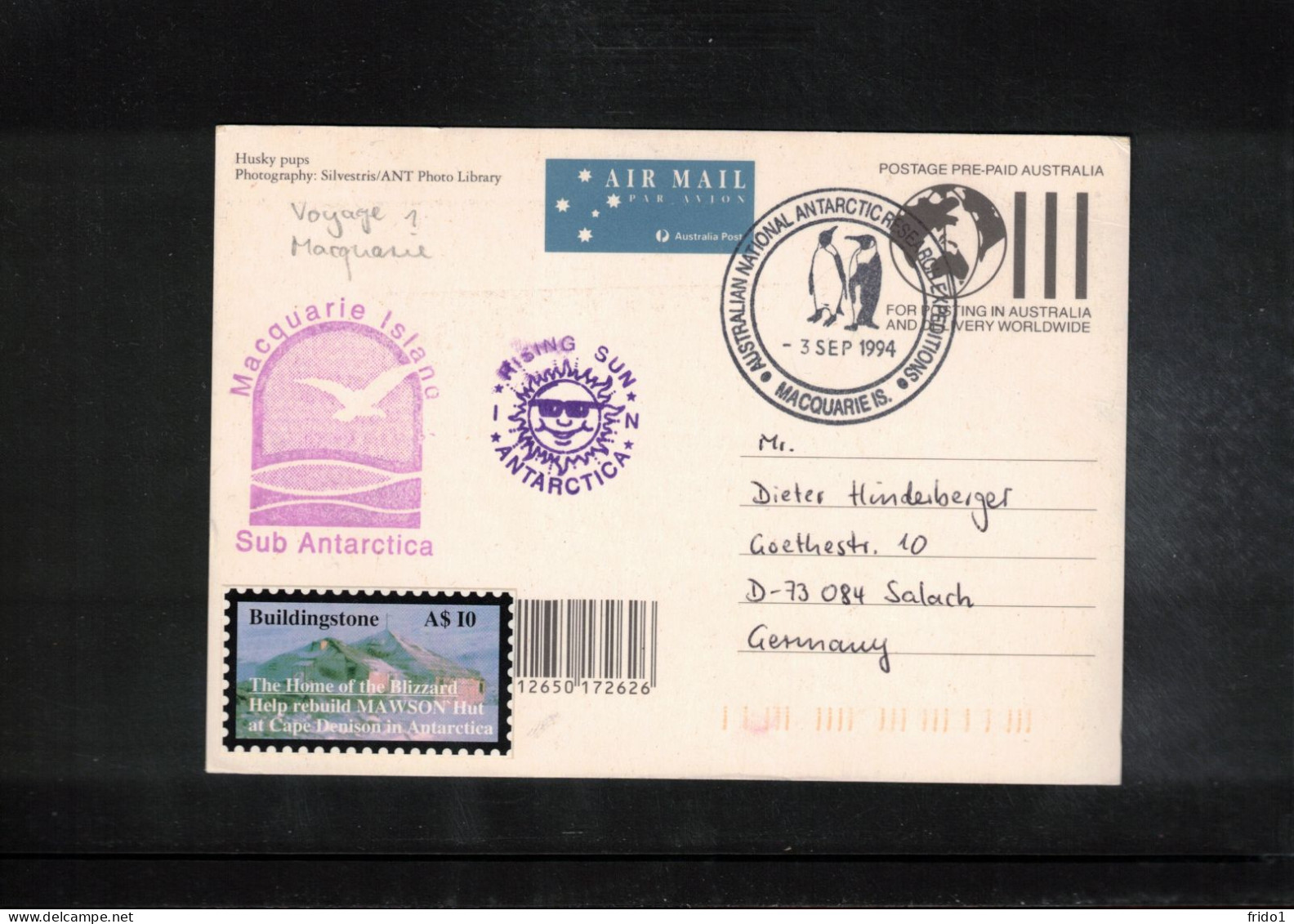 Australian Antarctic Territory 1994 Antarctica - Base Macquarie Island - Rising Sun - Huskies Interesting Letter - Forschungsstationen