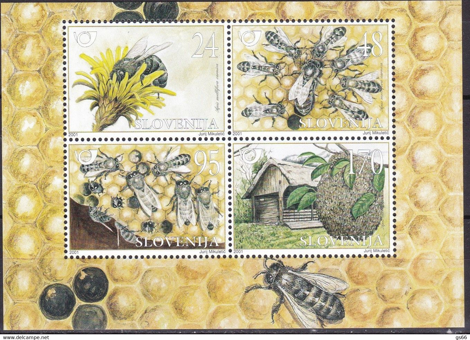 2001, Slowenien, Slovenia, Mi. 351/54 Block 12, MNH **, Einheimische Tiere - Krainer Honigbiene - Slowenien