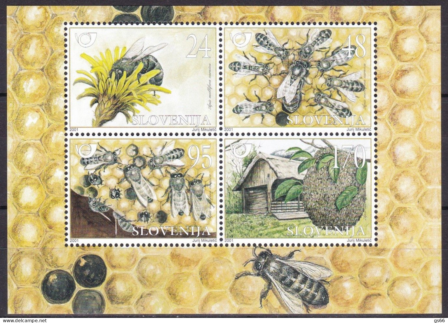 2001, Slowenien, Slovenia, Mi. 351/54 Block 12, MNH **, Einheimische Tiere - Krainer Honigbiene - Slowenien