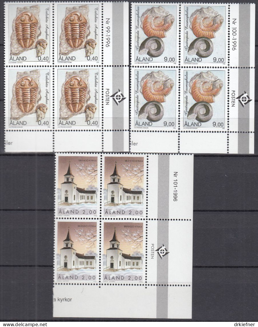 ALAND  107-108, 113-119, 4erBlock, Postfrisch **, Aus Jahrgang 1996, Europa, Musikfest, Fossilien - Aland