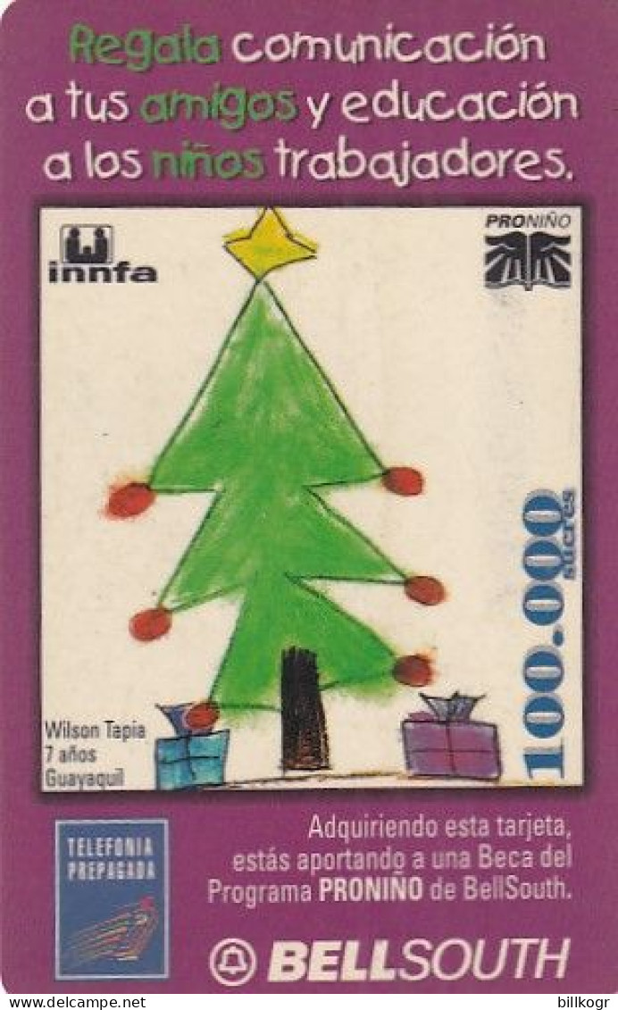 ECUADOR - Christmas, Children"s Drawing, BellSouth Prepaid Card 100000 Sucres(reverse 2), Exp.date 12/00, Used - Ecuador