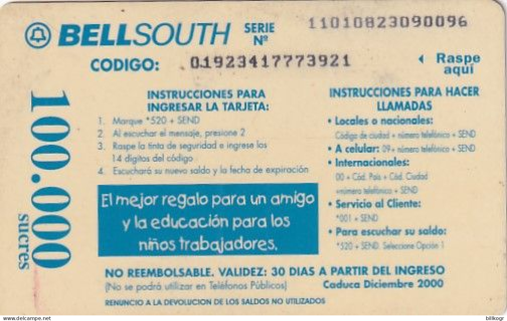 ECUADOR - Christmas, Children"s Drawing, BellSouth Prepaid Card 100000 Sucres(reverse 2), Exp.date 12/00, Used - Equateur