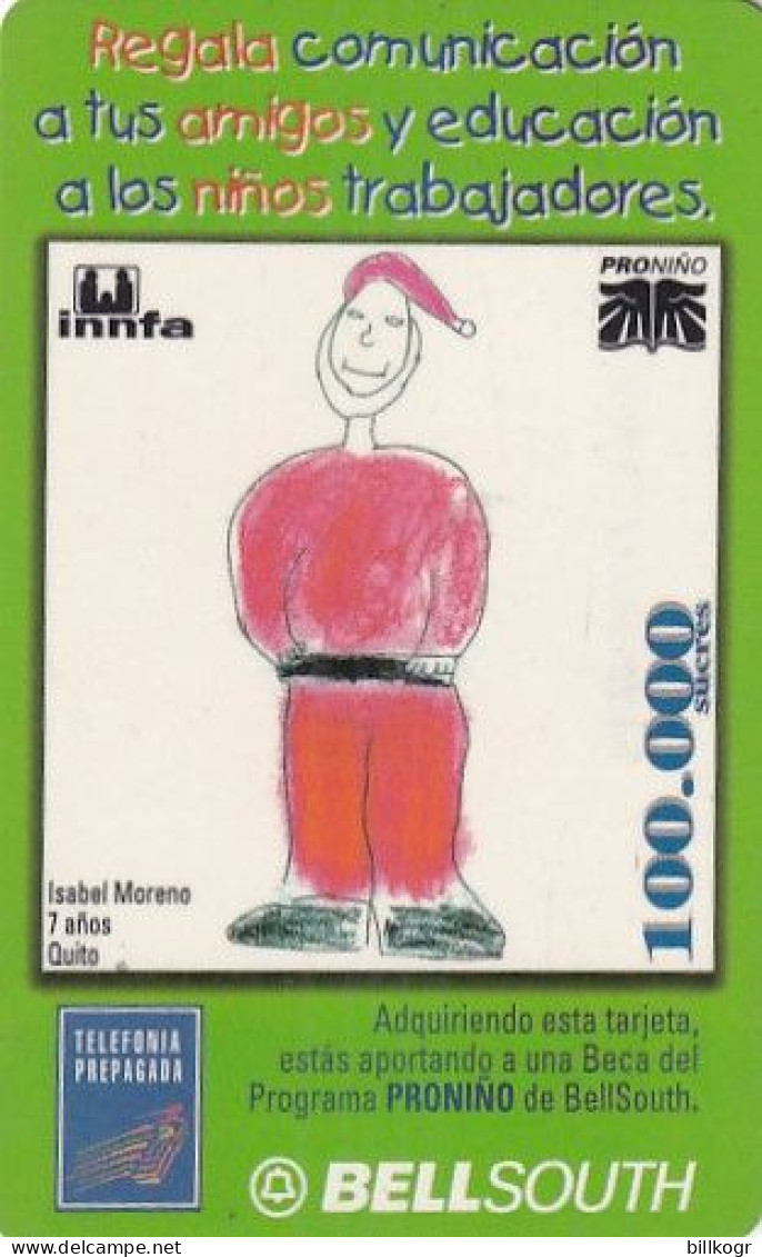 ECUADOR - Christmas, Children"s Drawing, BellSouth Prepaid Card 100000 Sucres(reverse 2), Exp.date 12/00, Used - Equateur