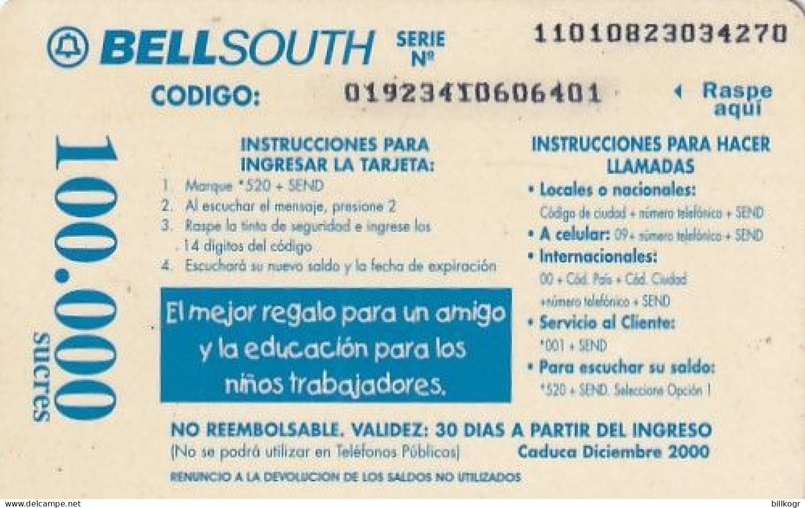 ECUADOR - Christmas, Children"s Drawing, BellSouth Prepaid Card 100000 Sucres(reverse 2), Exp.date 12/00, Used - Equateur