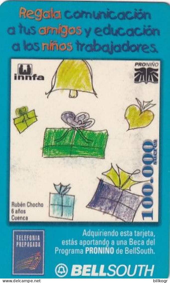 ECUADOR - Christmas, Children"s Drawing, BellSouth Prepaid Card 100000 Sucres(reverse 2), Exp.date 12/00, Used - Equateur