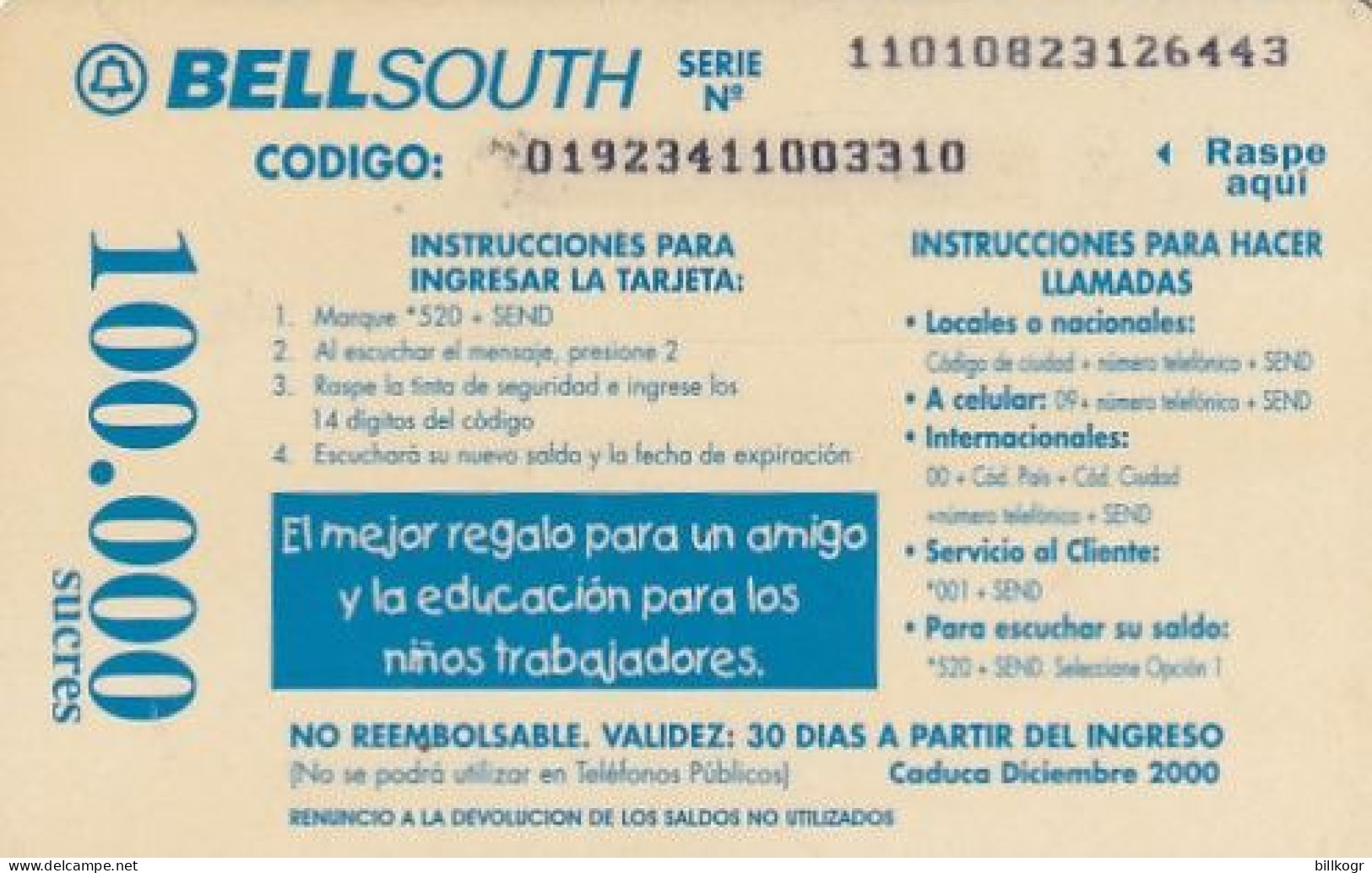 ECUADOR - Christmas, Children"s Drawing, BellSouth Prepaid Card 100000 Sucres(reverse 2), Exp.date 12/00, Used - Equateur