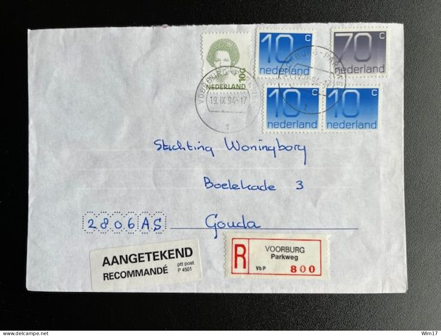 NETHERLANDS 1994 REGISTERED LETTER VOORBURG PARKWEG TO GOUDA 19-09-1994 NEDERLAND AANGETEKEND - Cartas & Documentos