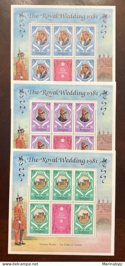 D)1981, ANTIGUA, 3 SHEETS OF SOUVENIR, ISSUANCE ROYAL WEDDING PRINCE CHARLES AND LADY DIANA SPENCER, MNH - Antigua Y Barbuda (1981-...)