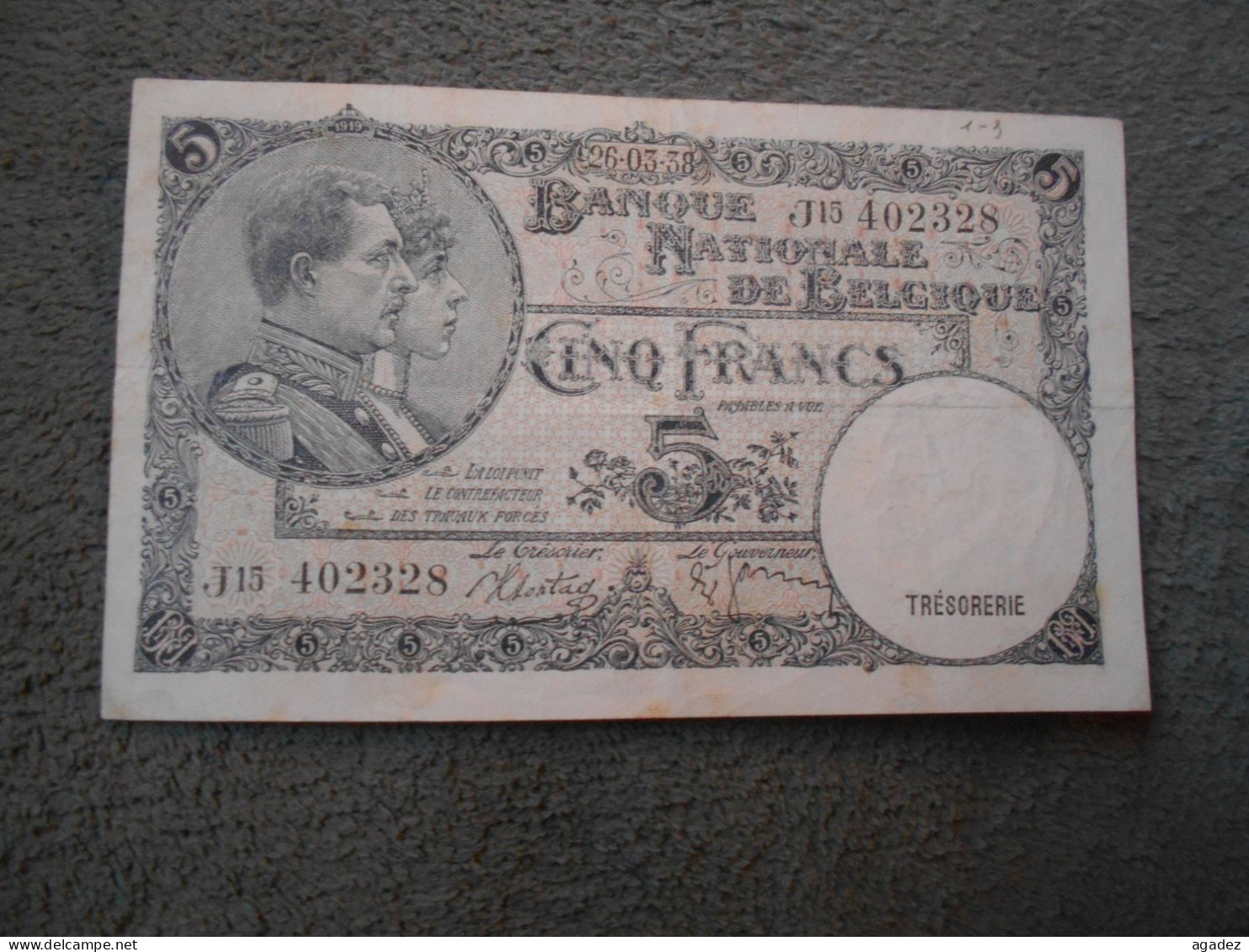 Ancien Billet De Banque Belgique 5 Francs  Frank 1938 - 5 Franchi