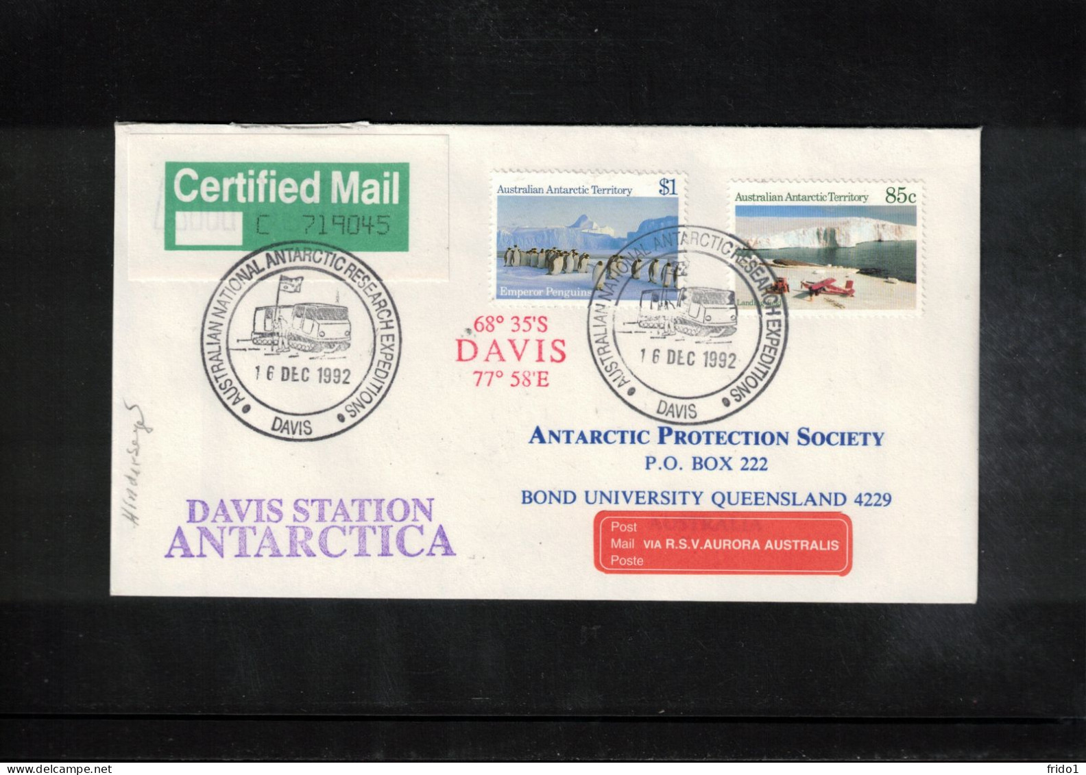 Australian Antarctic Territory 1992 Antarctica - Base Davis - Post Mail Via Ship Aurora Australis - Bases Antarctiques