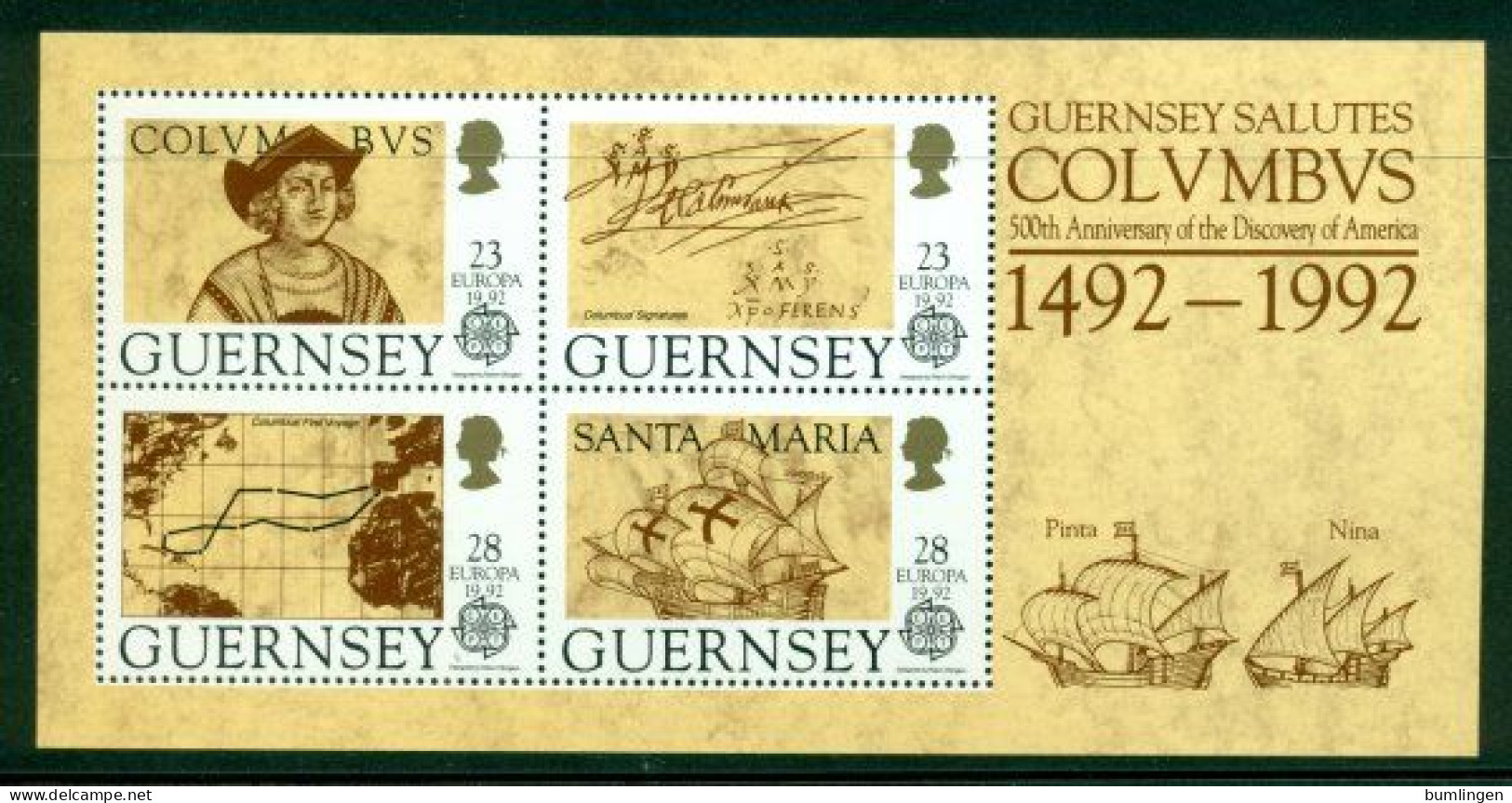 GUERNSEY 1992 Mi BL 8** Europa CEPT - 500th Anniversary Of The Discovery Of America [B497] - 1992