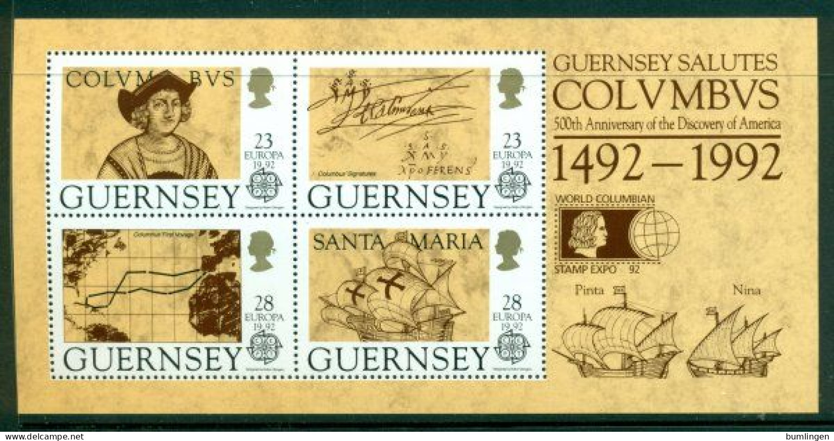 GUERNSEY 1992 Mi BL 8 I** Europa CEPT - 500th Anniversary Of The Discovery Of America – World Columbian Stamp Expo [B498 - 1992