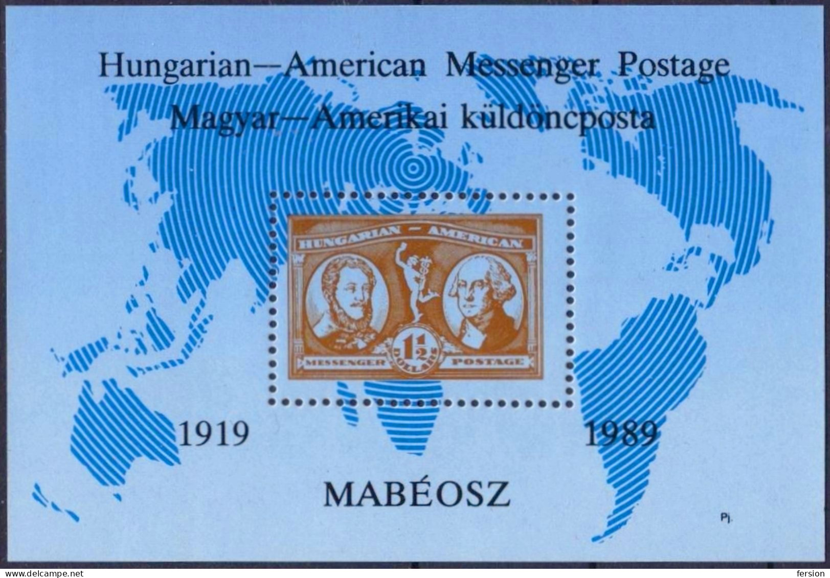 George Washington Kossuth Lajos Hungary 1989 American Messenger Postage Philatelist Souvenir Memorial Sheet GLOBE MAP - George Washington