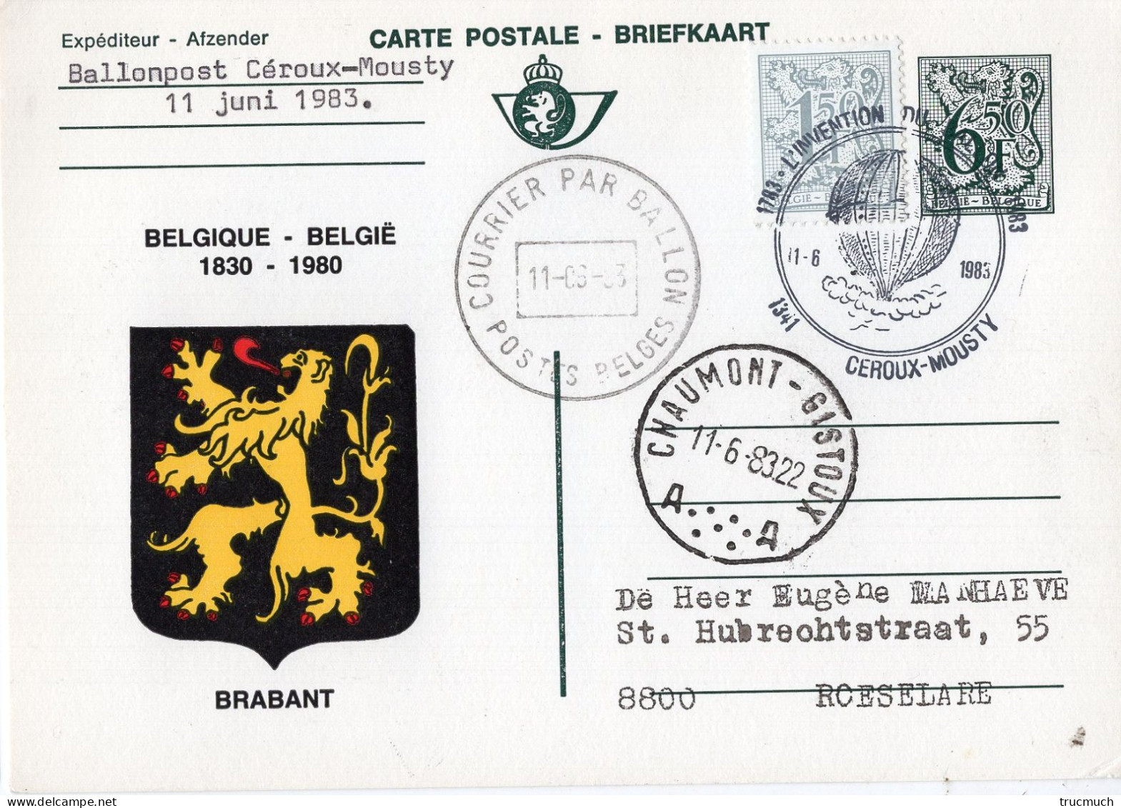 PHILATELIE - Carte Postale - Courrier Par Ballon - Armoirie BRABANT - CEROUX-MOUSTY - Gebraucht