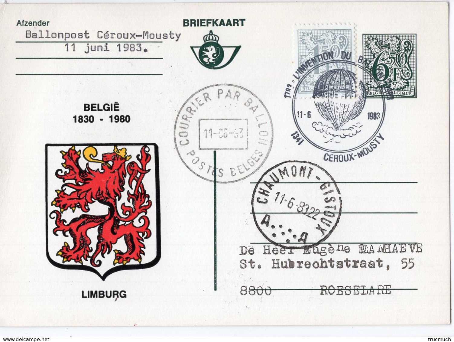 PHILATELIE - Carte Postale - Courrier Par Ballon - Armoiries LIMBURG - CEROUX-MOUSTY - Afgestempeld