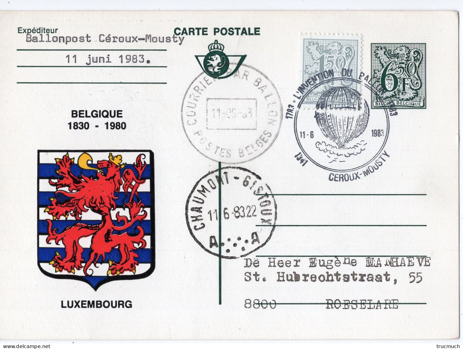 PHILATELIE - Carte Postale - Courrier Par Ballon - Armoiries LUXEMBOURG - CEROUX-MOUSTY - Usados