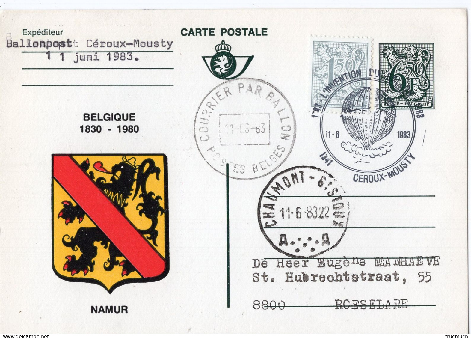 PHILATELIE - Carte Postale - Courrier Par Ballon - Armoiries NAMUR - CEROUX-MOUSTY - Usati