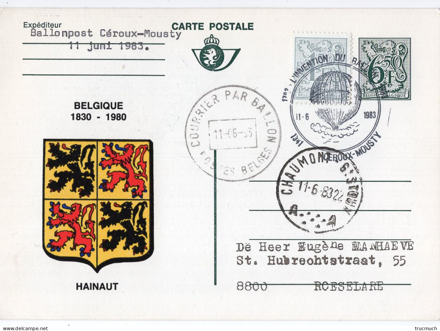 PHILATELIE - Carte Postale - Courrier Par Ballon - Armoiries HAINAUT - CEROUX-MOUSTY - Usati