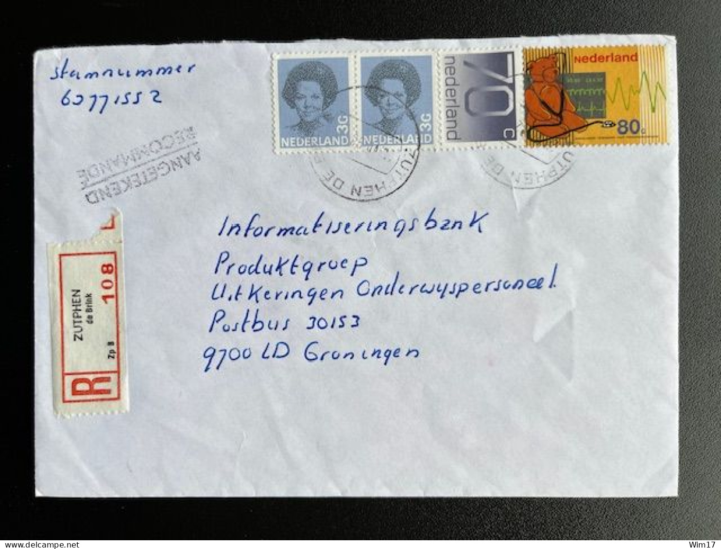 NETHERLANDS 1992 REGISTERED LETTER ZUTPHEN DE BRINK TO GRONINGEN NEDERLAND AANGETEKEND - Briefe U. Dokumente