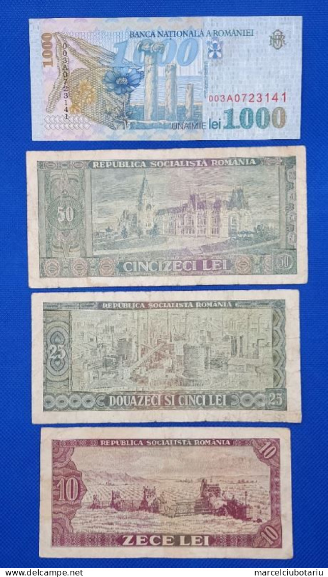 Lot Romanian 4 Banknotes  / 1000 Lei 1998, 50 Lei 1966, 25 Lei 1966, 10 Lei 1966 - Romania