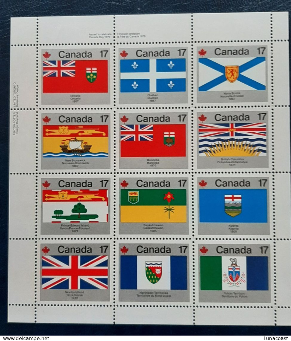 Canada 1979 MNH Sc #832a**   2.04$ Pane Of 12 Provincial Flags, Upper Left Pane - Neufs