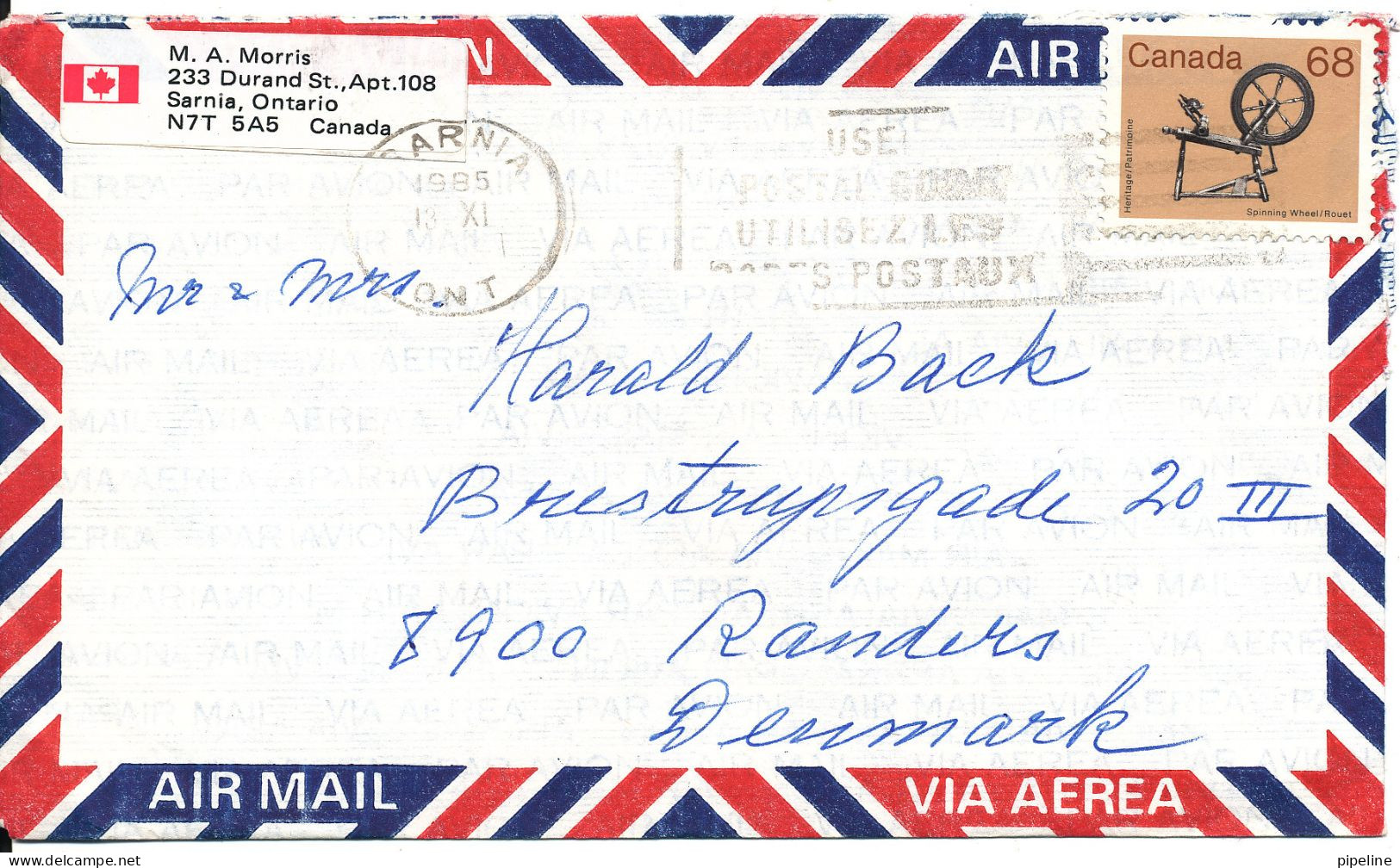 Canada Air Mail Cover Sent To Denmark Sarnia 13-11-1985 Single Franked - Luchtpost