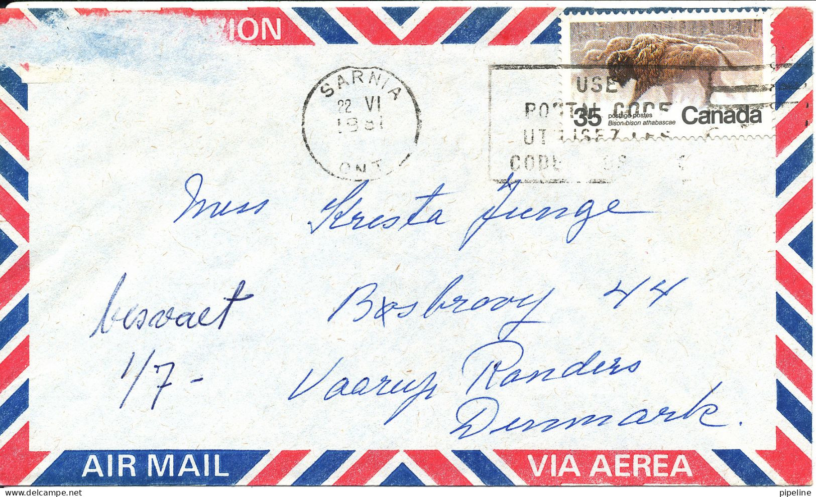 Canada Air Mail Cover Sent To Denmark Sarnia 22-6-1981 Single Franked - Poste Aérienne