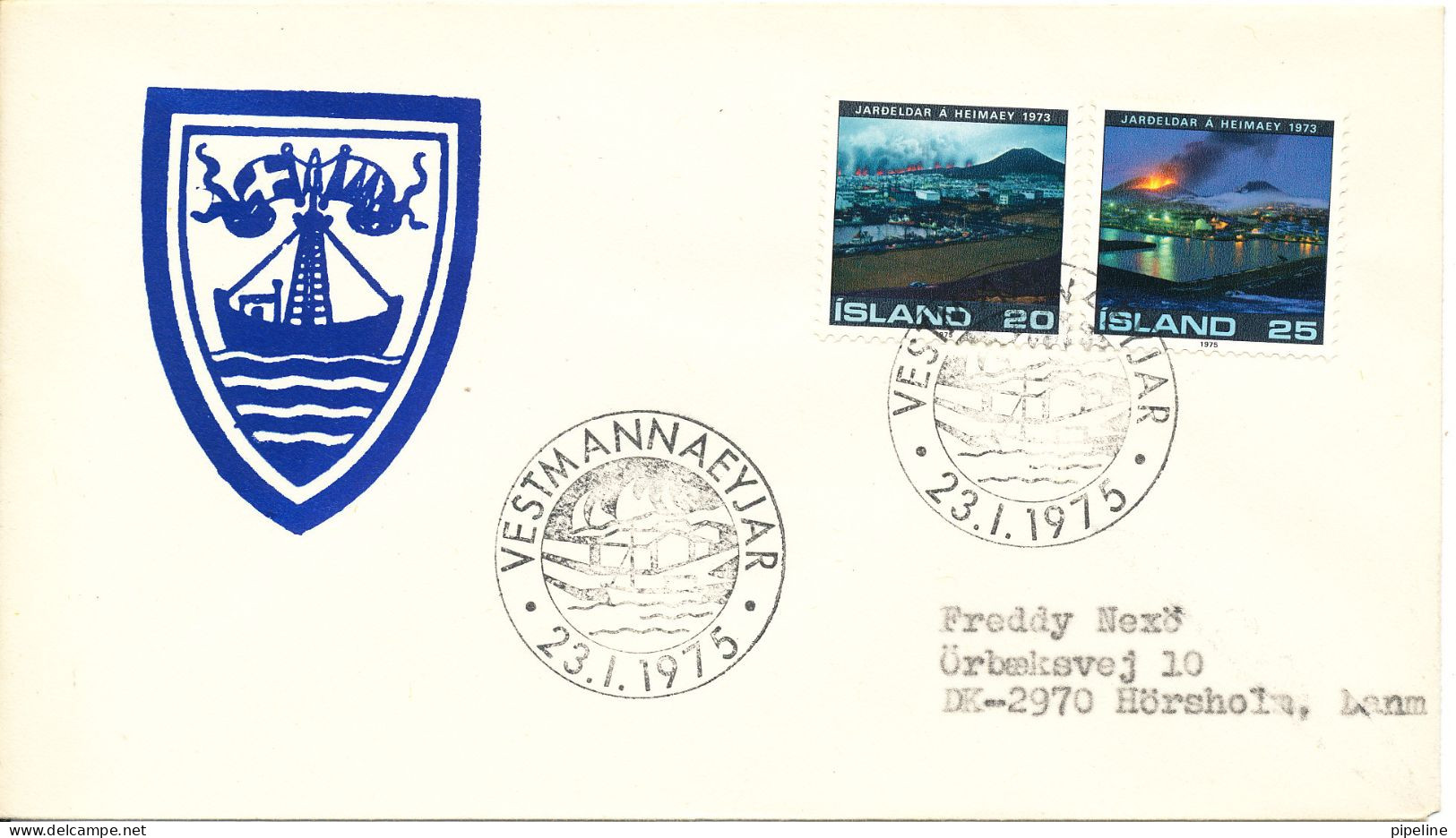 Iceland Special FDC 23-1-1975 Vulcano HEIMAEY Eruption 1973 Vestmannaeyjar With Cachet Sent To Denmark - FDC